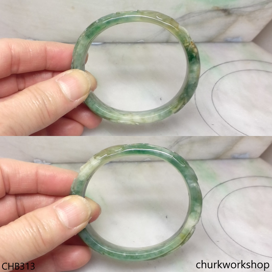 Multi-color carved oval jade bangle