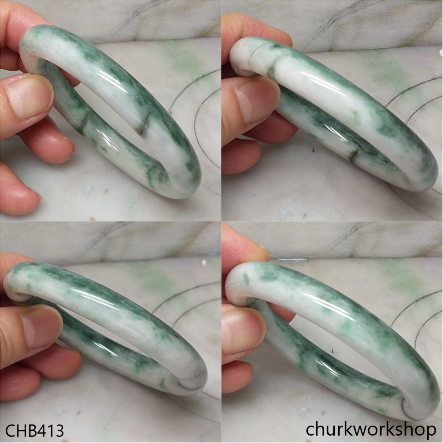 White base with bluish green splotches jade bangle