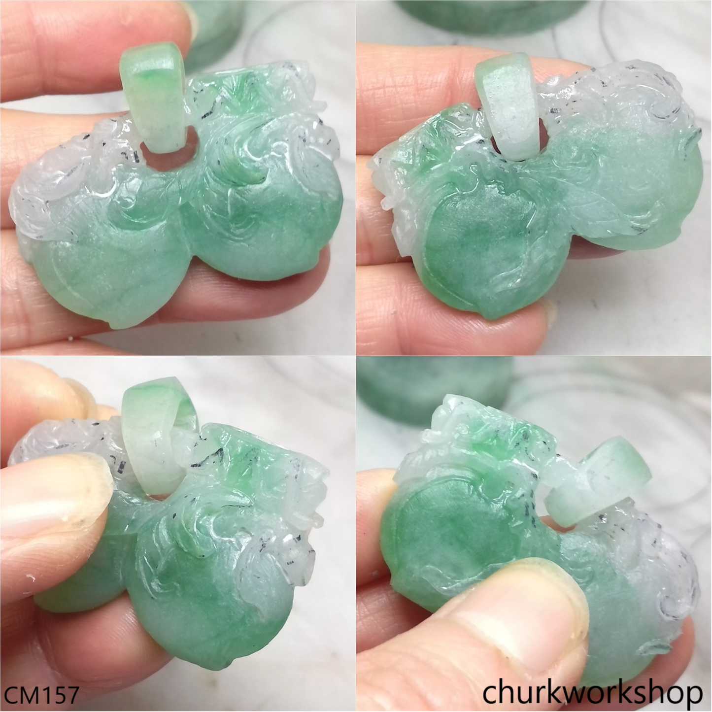 Custom green jade double peaches pendant
