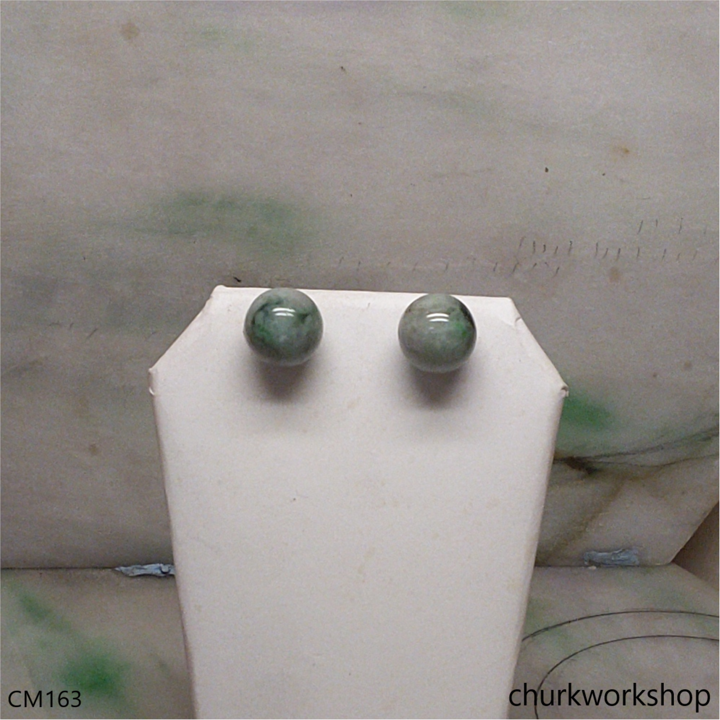 Custom cut bluish green 14K white gold ear studs