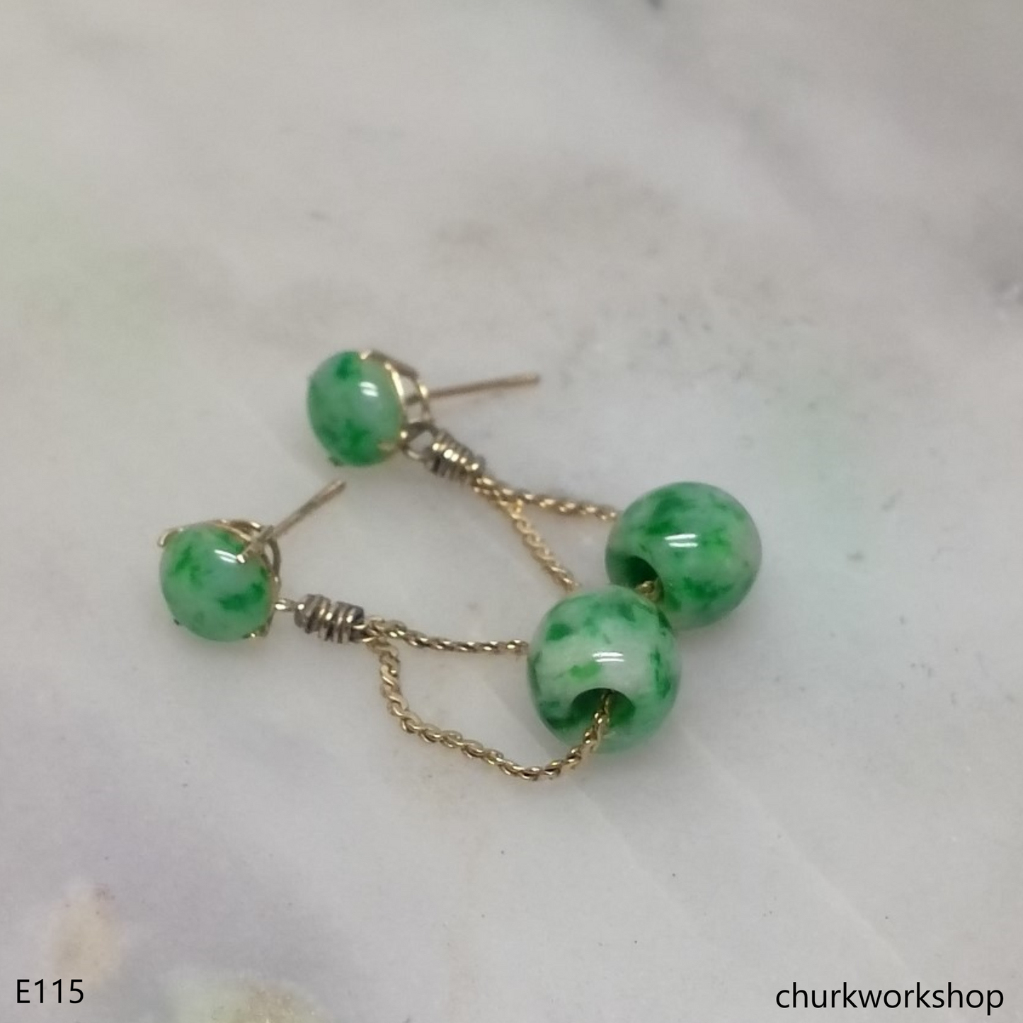 14k gold green jade earrings