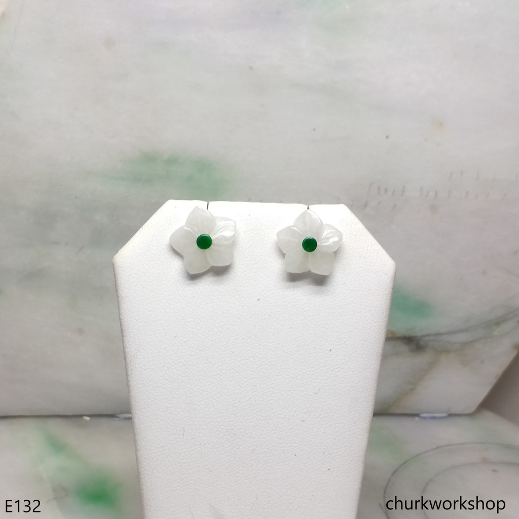 White jade flowers sterling silver ear studs