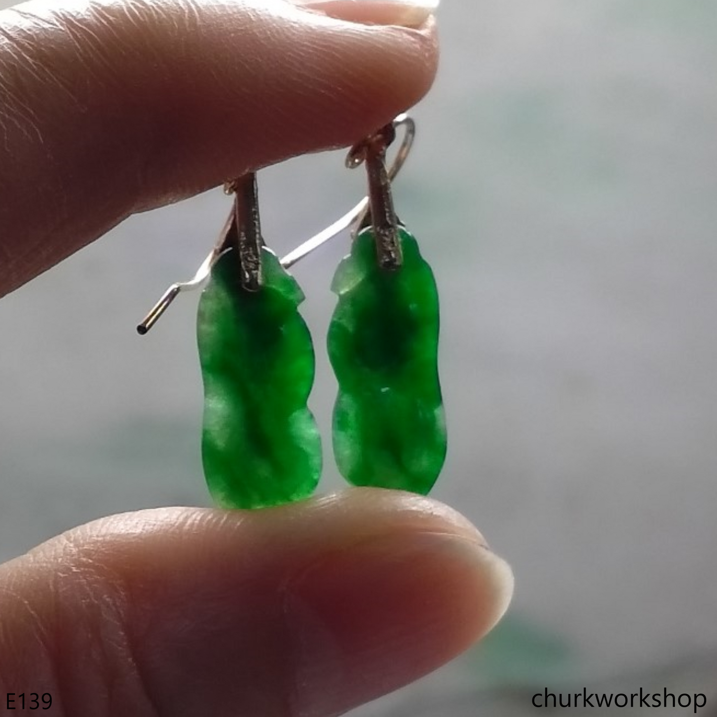 14K yellow gold filled green jade bean earrings