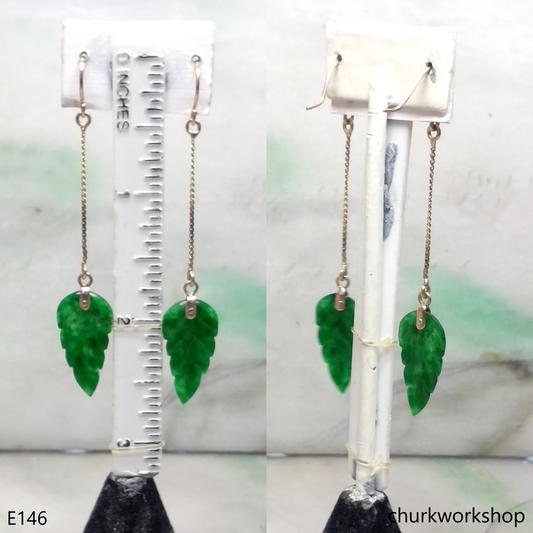Dark green jade leaf 14K yellow gold earrings