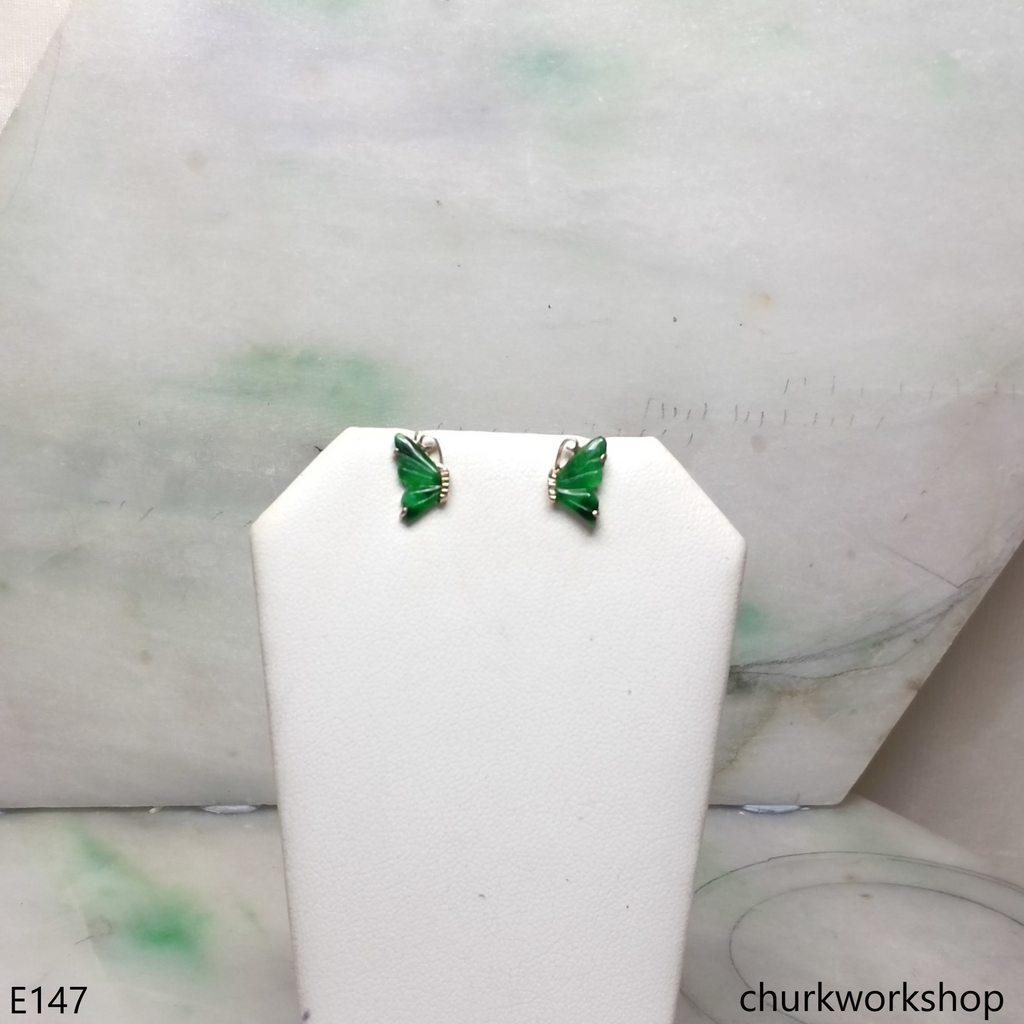 Green jade butterfly ear studs 14K yellow gold