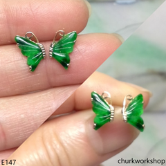 Green jade butterfly ear studs 14K yellow gold