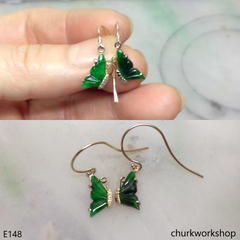 Green jade butterfly earrings 14K yellow gold