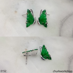 Green jade butterfly ear studs 14K white gold
