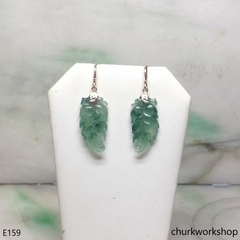 Bluish green jade leaf 14K yellow gold earrings