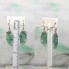 Bluish green jade leaf 14K yellow gold earrings
