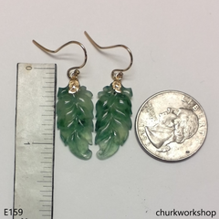 Bluish green jade leaf 14K yellow gold earrings