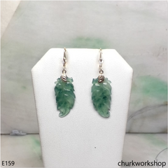 Bluish green jade leaf 14K yellow gold earrings
