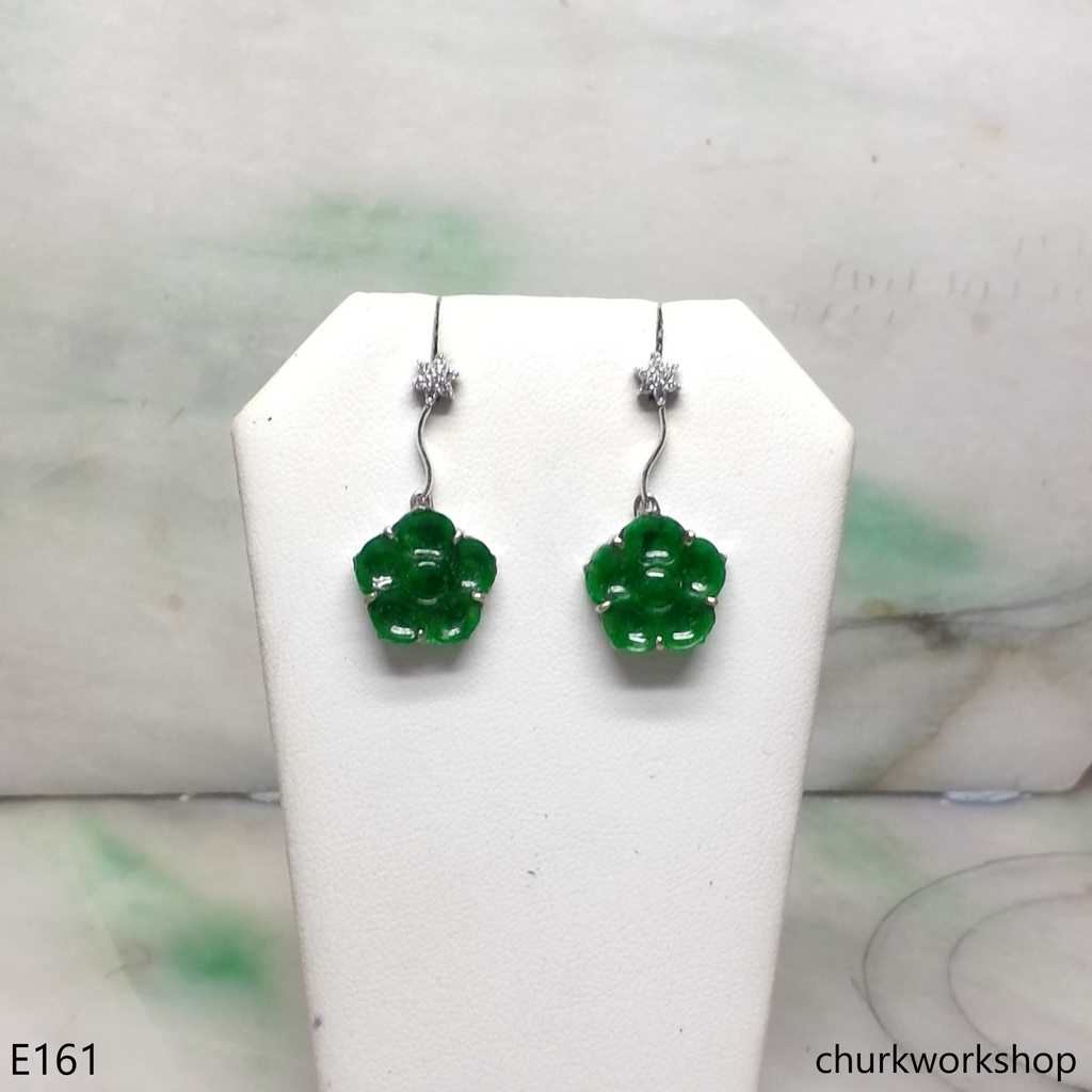 Green jade flower earrings 14K white gold