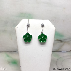 Green jade flower earrings 14K white gold