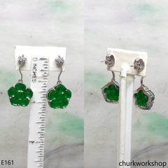 Green jade flower earrings 14K white gold