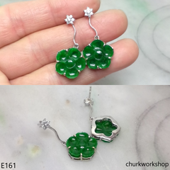 Green jade flower earrings 14K white gold