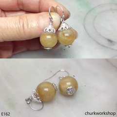 Yellow jade bead earrings sterling silver