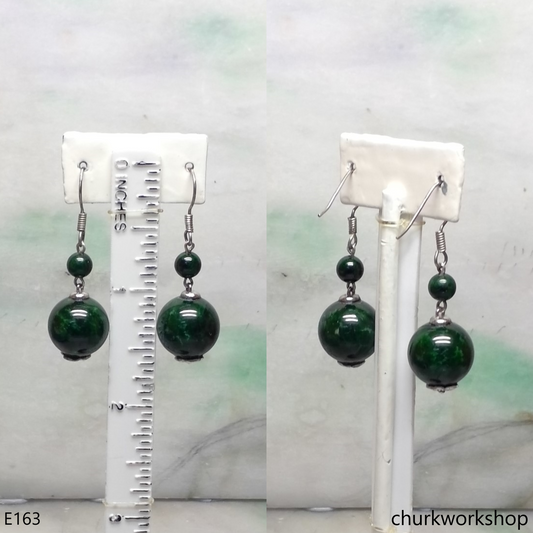 Dark green jade bead earrings sterling silver
