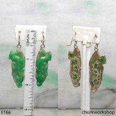 Light green jade bird earrings 14K yellow gold