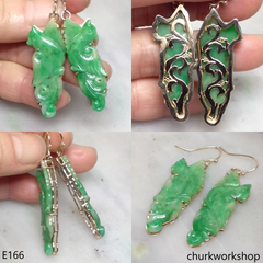 Light green jade bird earrings 14K yellow gold