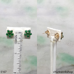 Small jade set as flower ear studs 14K yellow gold