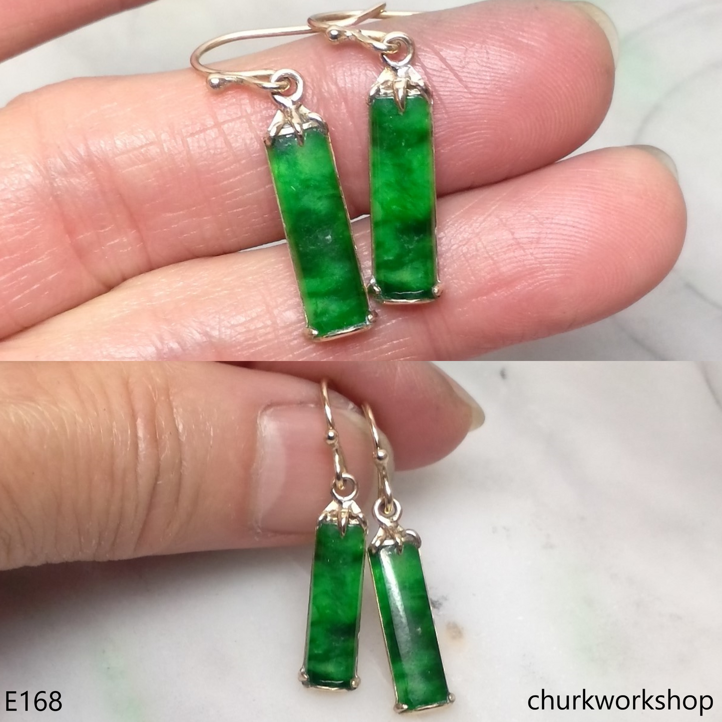 Rectangular green jade earrings 14K yellow gold