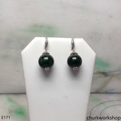 Dark green jade bead earrings sterling silver