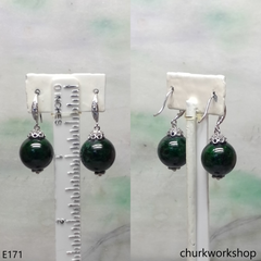 Dark green jade bead earrings sterling silver