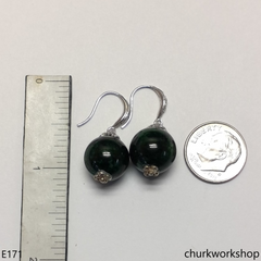 Dark green jade bead earrings sterling silver