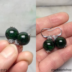 Dark green jade bead earrings sterling silver