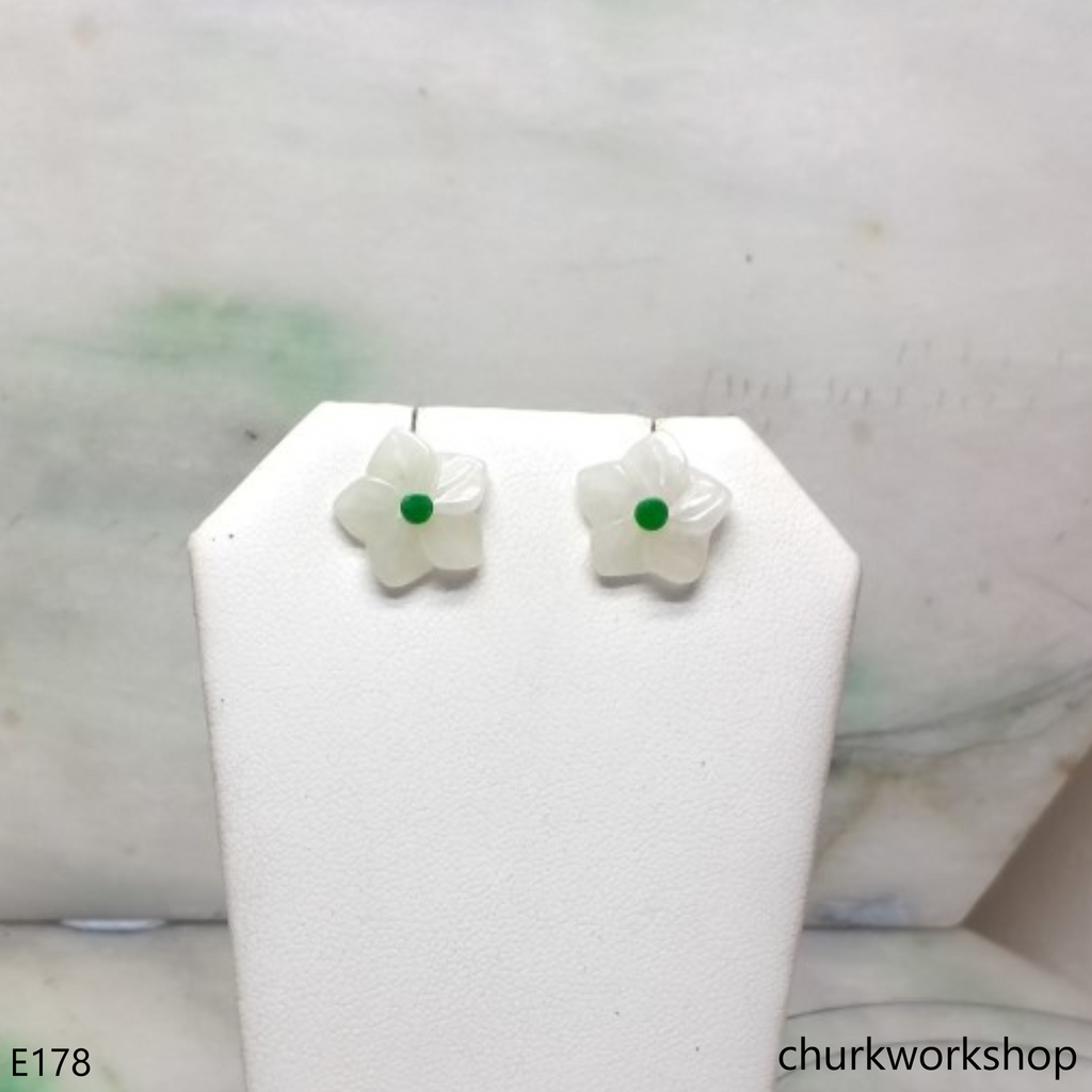 White jade flowers sterling silver ear studs