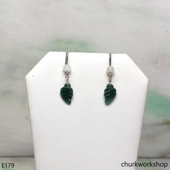 Dark green jade leaf silver earrings