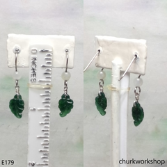 Dark green jade leaf silver earrings
