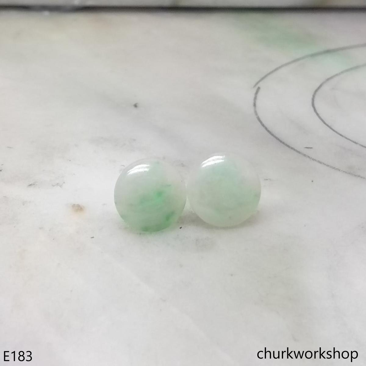 Pale green jade disc silver ear studs