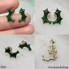 Green jade ear studs 14K yellow gold