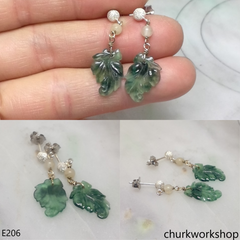 Bluish green jade leaf earrings