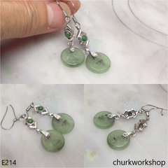 Light green flat circle jade ear hooks