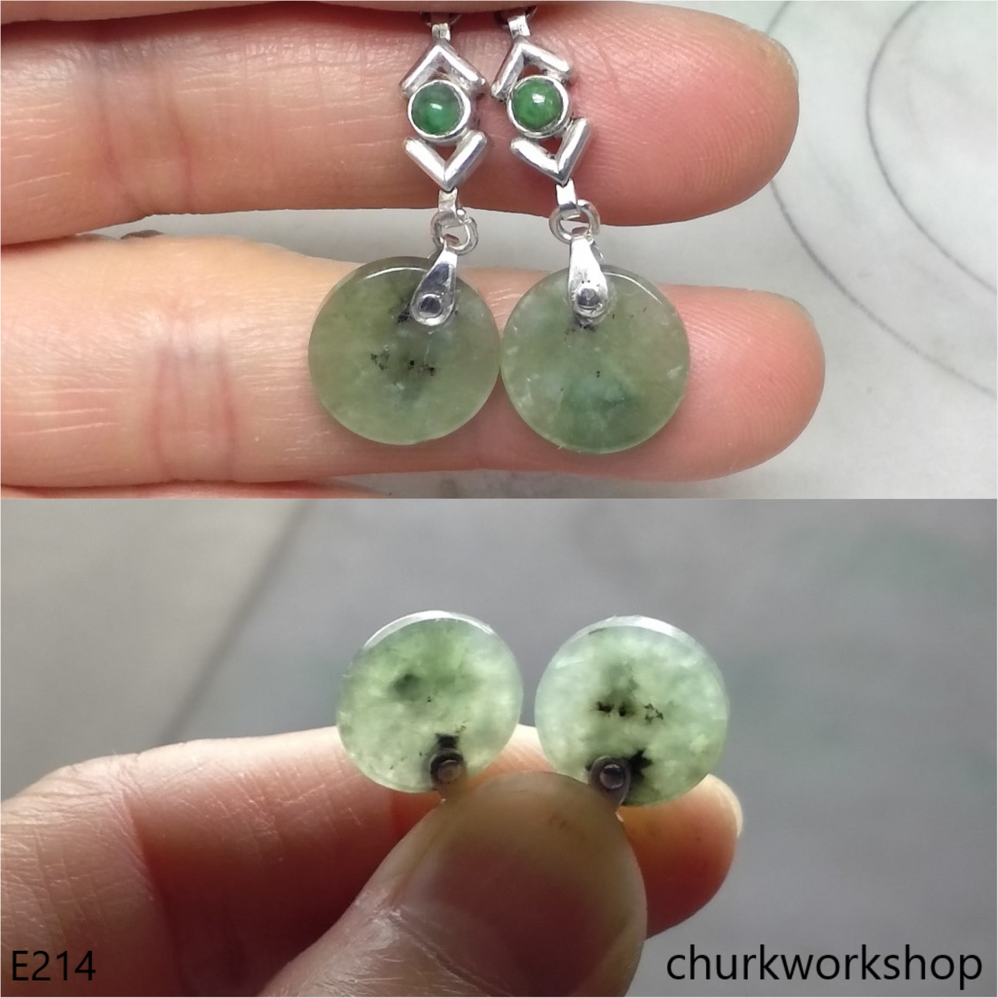 Light green flat circle jade ear hooks