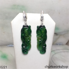 Dark green jade dragon earrings sterling silver