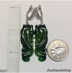 Dark green jade dragon earrings sterling silver