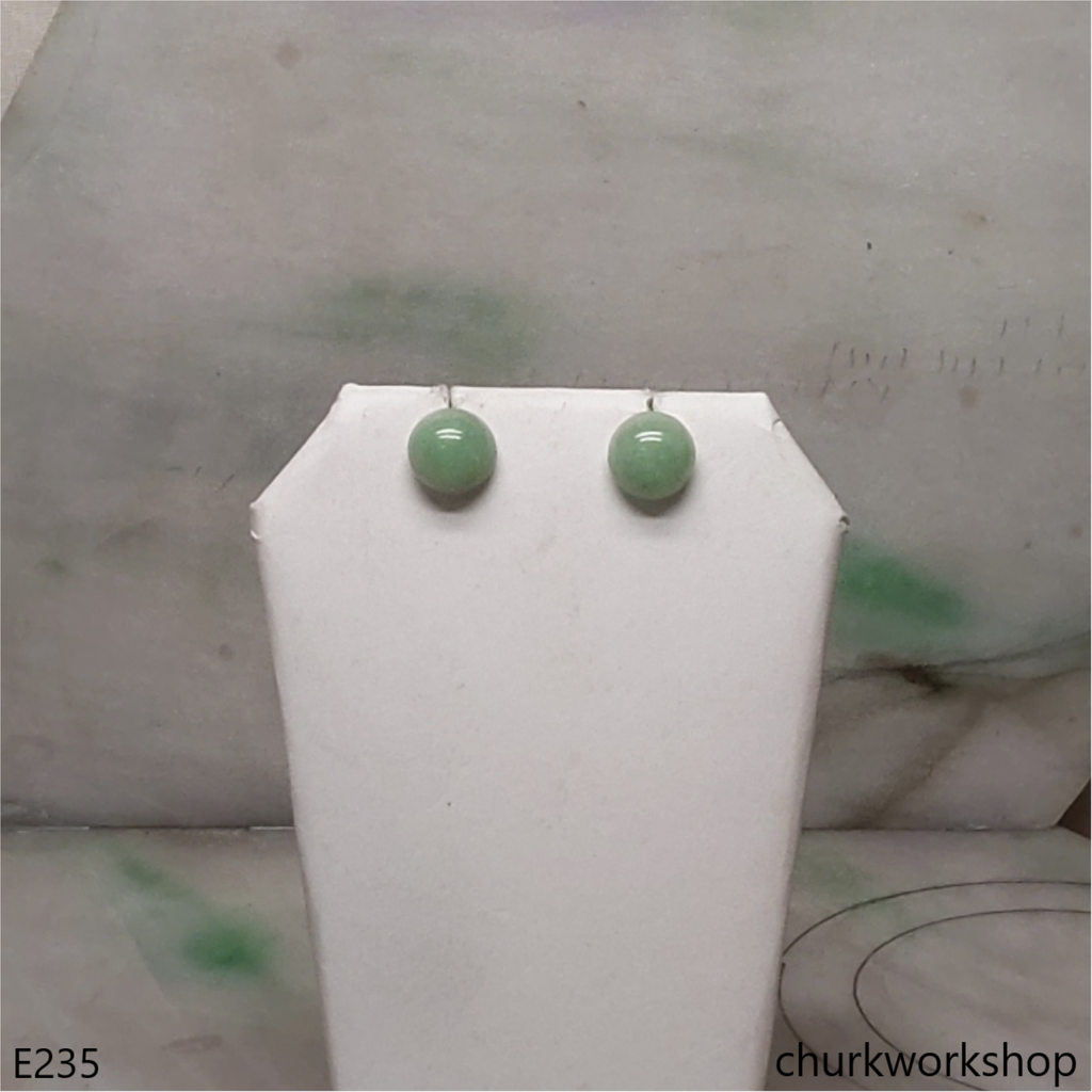 Light green jade half bead silver ear studs
