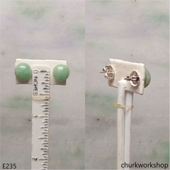Light green jade half bead silver ear studs