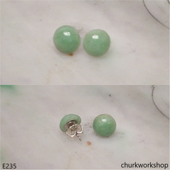 Light green jade half bead silver ear studs