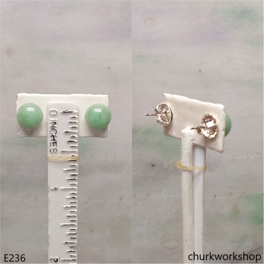 Light green jade half bead silver ear studs