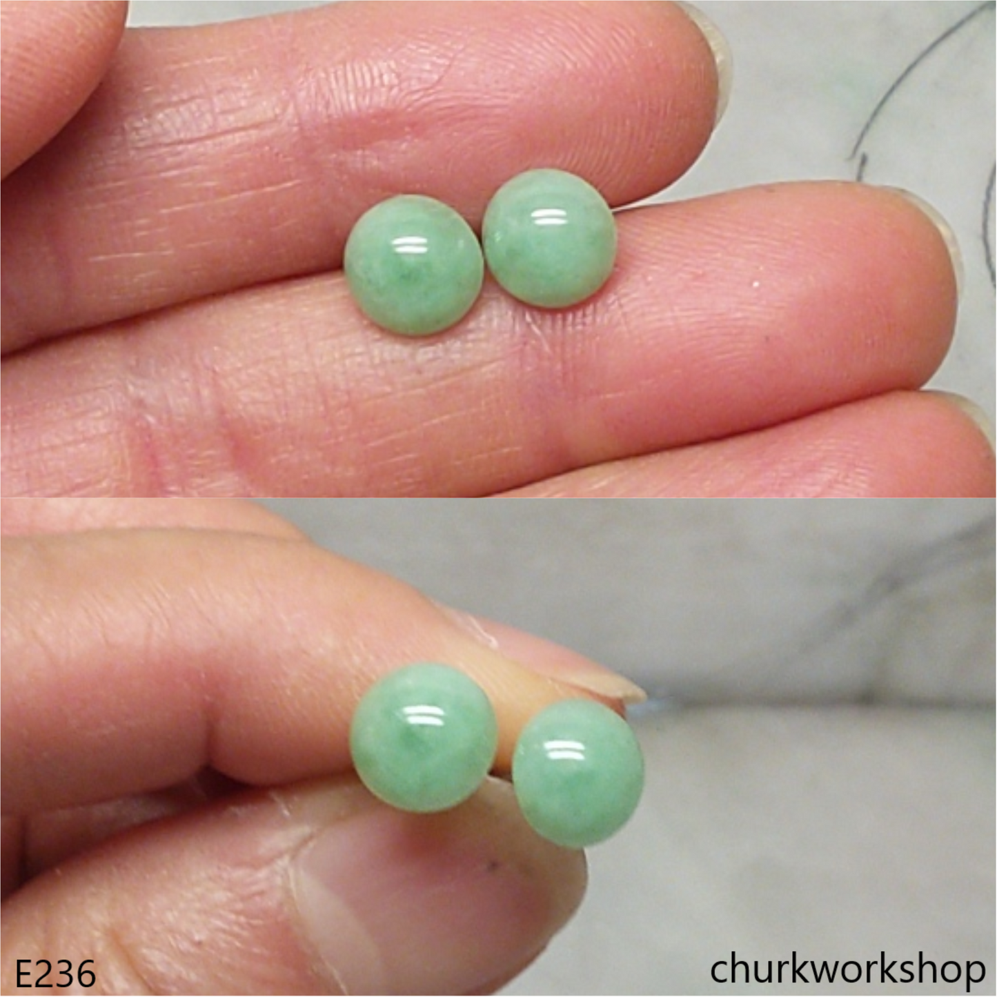 Light green jade half bead silver ear studs