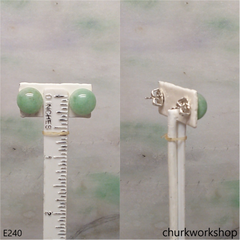 Light green jade half bead silver ear studs