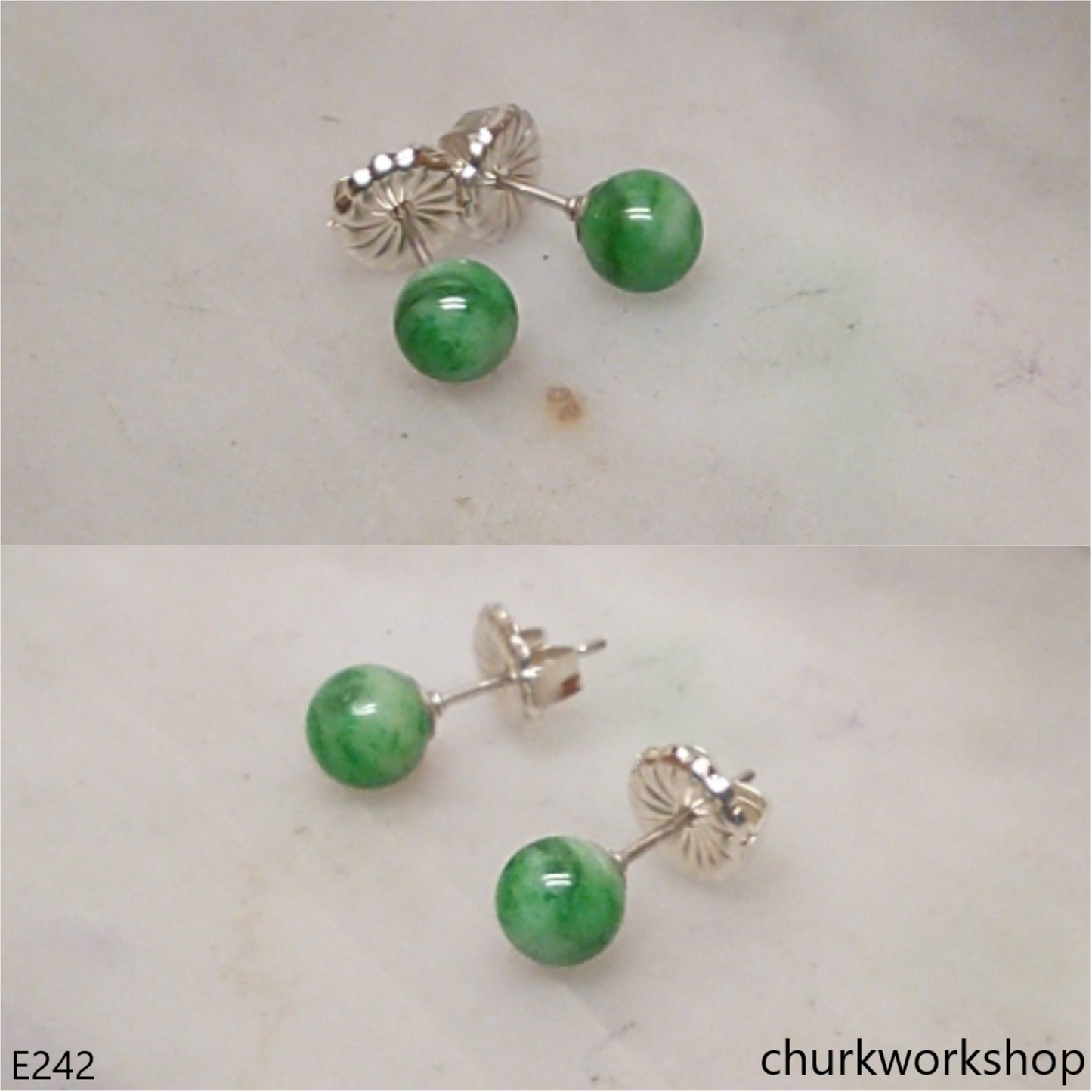 Green jade bead silver ear studs