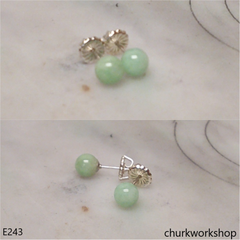 Light green jade bead silver ear studs
