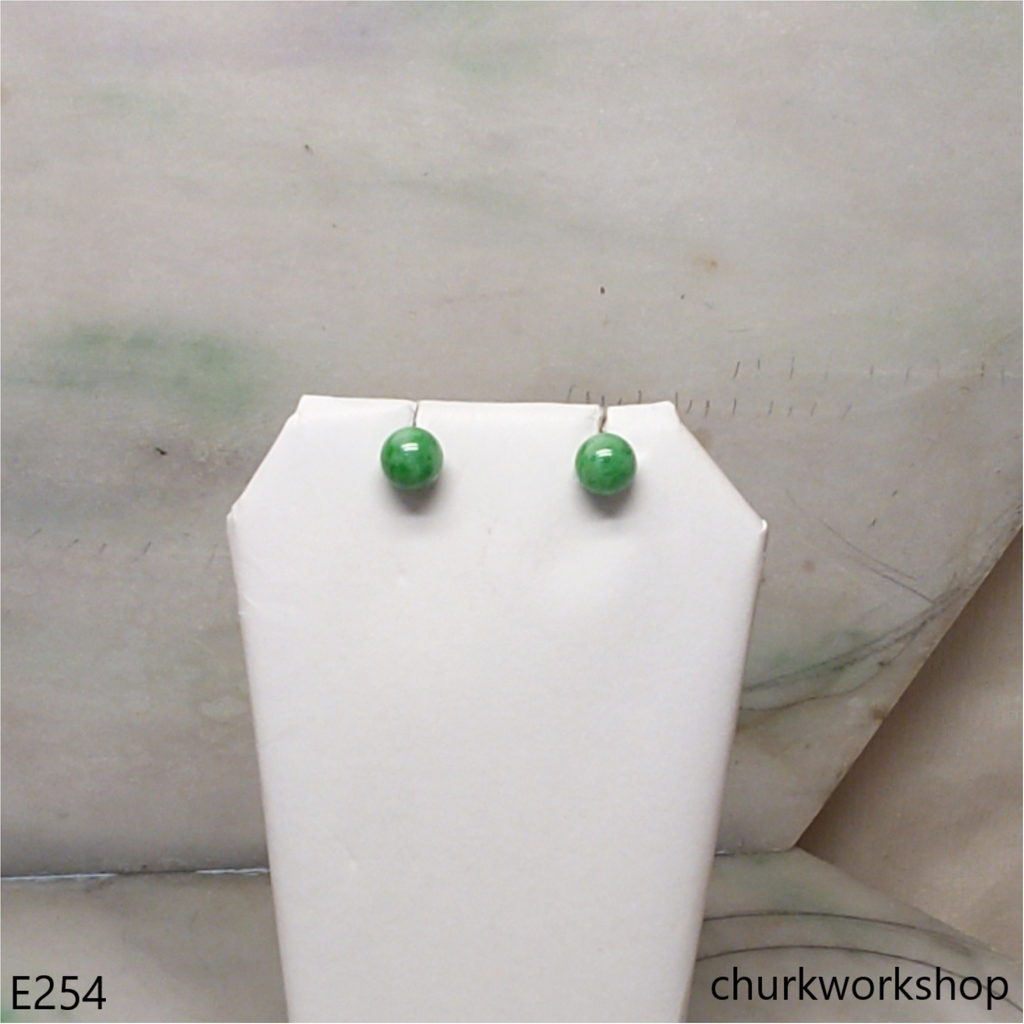 Green jade bead ear studs set with 14K gold