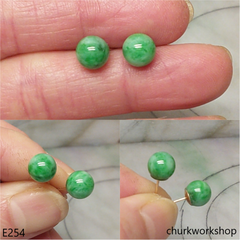 Green jade bead ear studs set with 14K gold